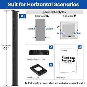 Ps02-bh4l Muzata Cable Railing Post 41 Inch X2 Fixed Top Level Line Mount Black Drill