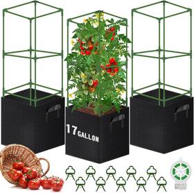 Wlleyay 20240313-3 3 Pack Square Tomato Cages With 17 Gallon Grow Bags 46ftft Upgraded Heavy
