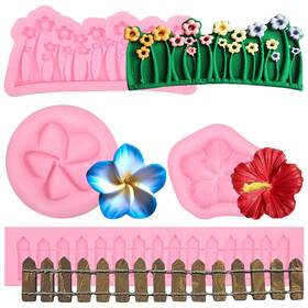 S-142 Ywzbomoldrm Mini Silicone Molds 4 Pcs Flower Green Grass Garden Picket Fence Fondant Mol