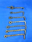 7 Antique Swing Hooks, Gate Door, Barley Twist Style 3/4" Thru 5 3/16". Fixed Price $24.00.