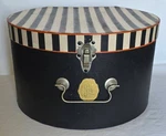 J. L. Hudson's Hat Box W/ Metal Latch & Handle, Black Striped Top Red Trim. Fixed Price $70.00.
