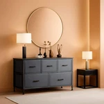 5 Drawer Dark Grey Fabric Chest With Wood Top Bedroom. Fixed Price $86.99.