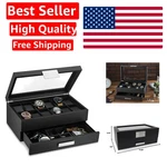 Stylish Carbon Fiber Finish Watch Box With Glass Top & Valet Drawer Convenience. Fixed Price $141.99.